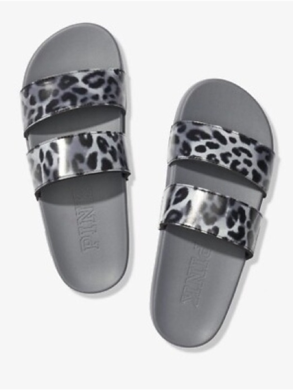 PINK Victoria's Secret Gray Leopard Double-Strap Slide Sandals